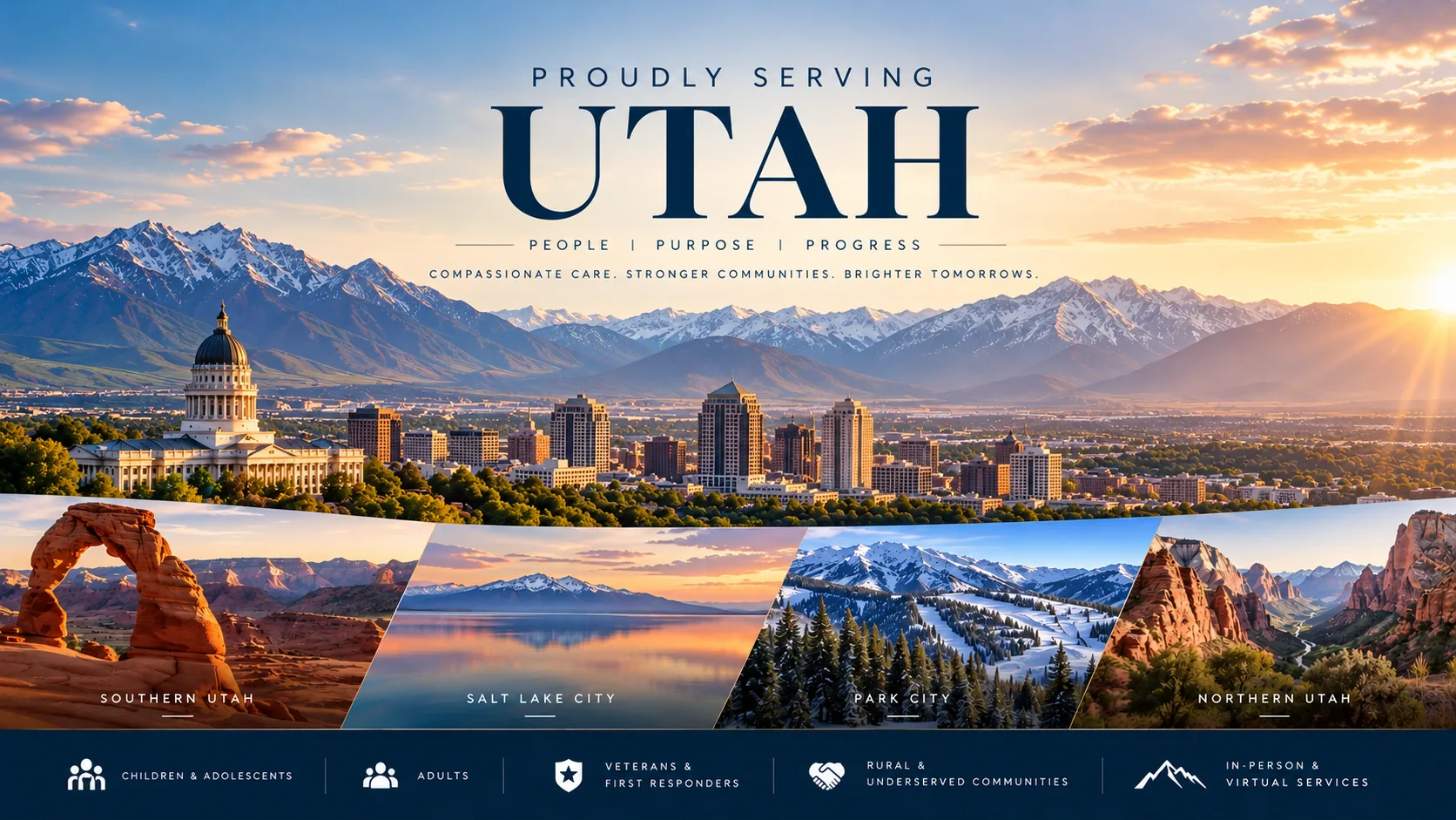 Proudly serving Utah: Southern Utah, Salt Lake City, Park City and Northern Utah. Care for children and adolescents, adults, veterans and first responders, and rural and underserved communities, in person and virtually.